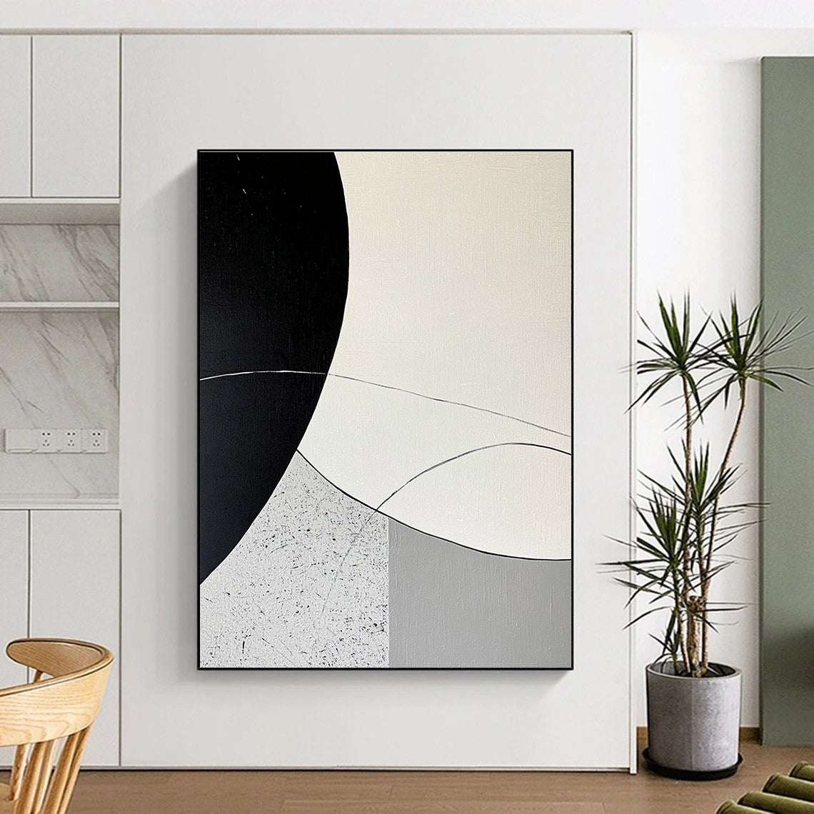 Large abstract painting featuring minimalist curved lines and rounded shapes in black and gray on a textured white background with a circular pattern.STSC436