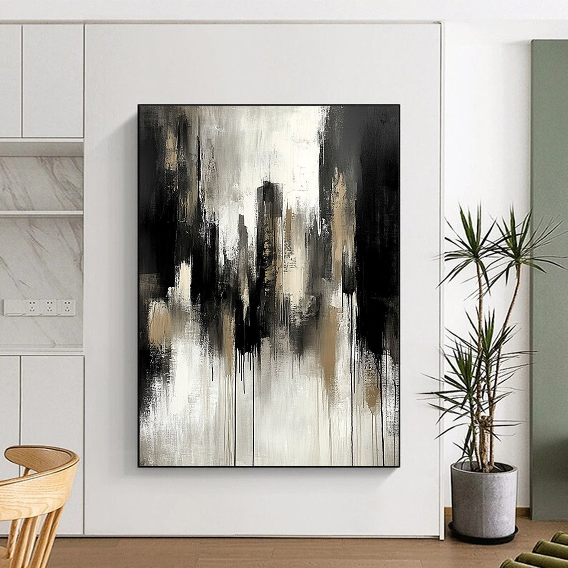Abstract painting featuring neutral tones of grey and black with urban landscape elements and dramatic mood, enhanced by soft lighting and paint drips.STSC250