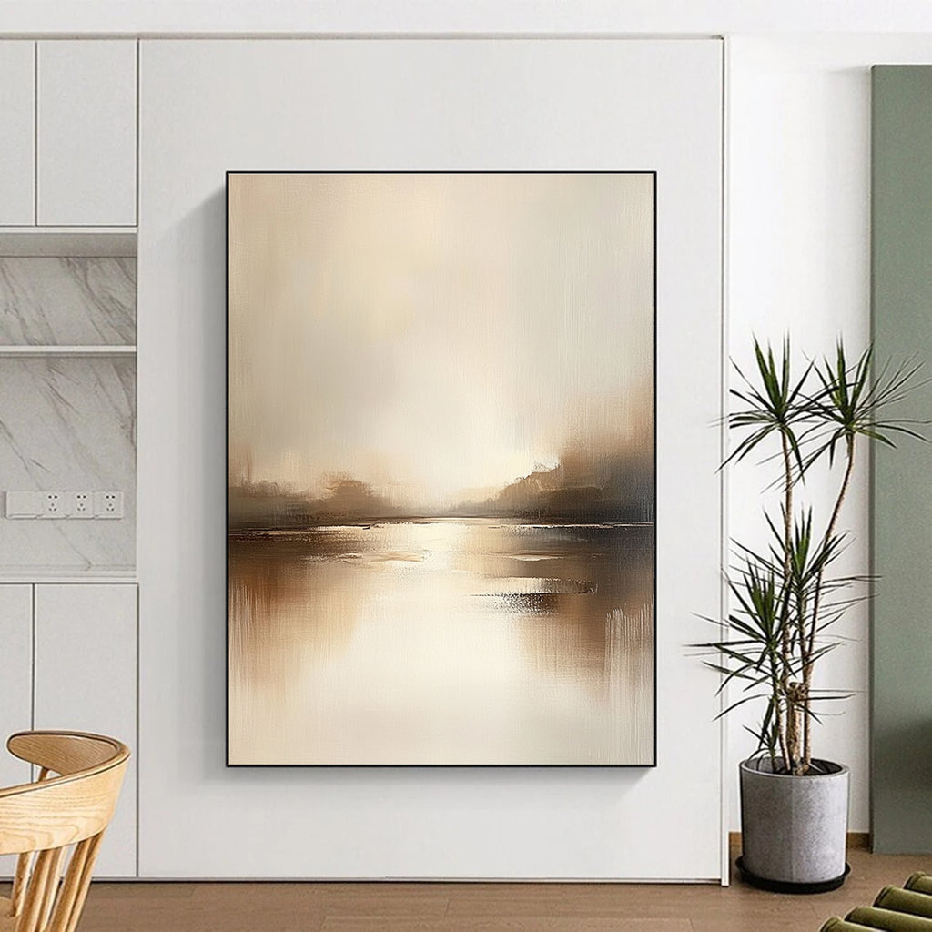 Large abstract painting featuring a serene lake in muted tones of beige and gray with soft edges and minimalist style, evoking tranquility and calmness.STSC091