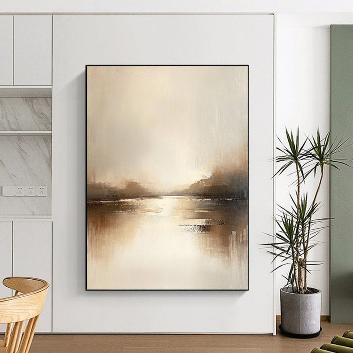 Large abstract painting featuring a serene lake in muted tones of beige and gray with soft edges and minimalist style, evoking tranquility and calmness.STSC091