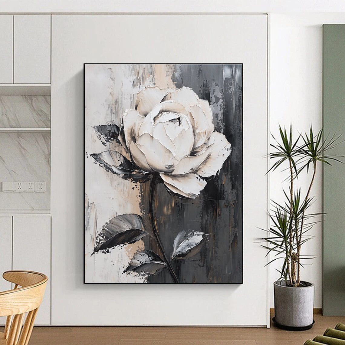 Large abstract white rose painting with exquisite details on gray background featuring elegant lines and stunning light effects in luxurious colors.STSC522