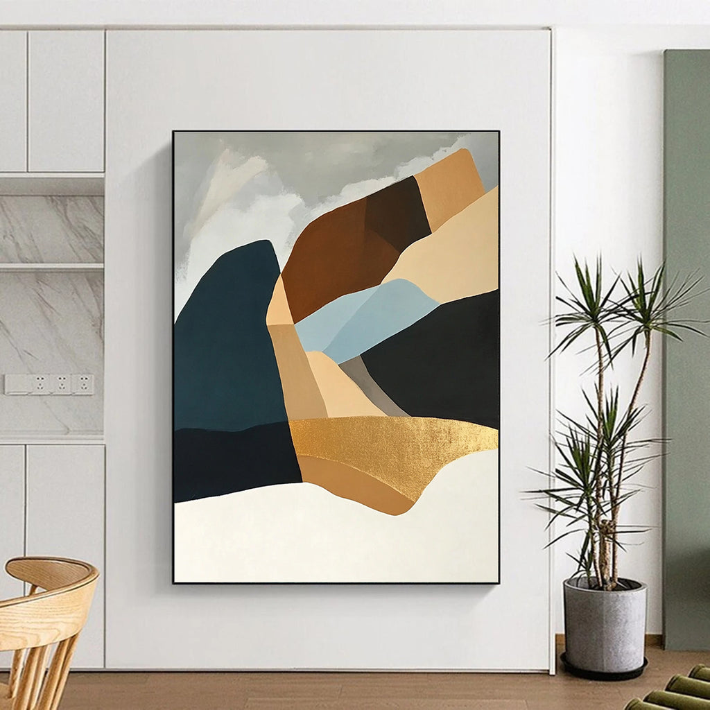 Large abstract painting showcasing Art Deco shapes in light blue and gold on a white background featuring elegant curves and balanced elegance in composition.STSC697