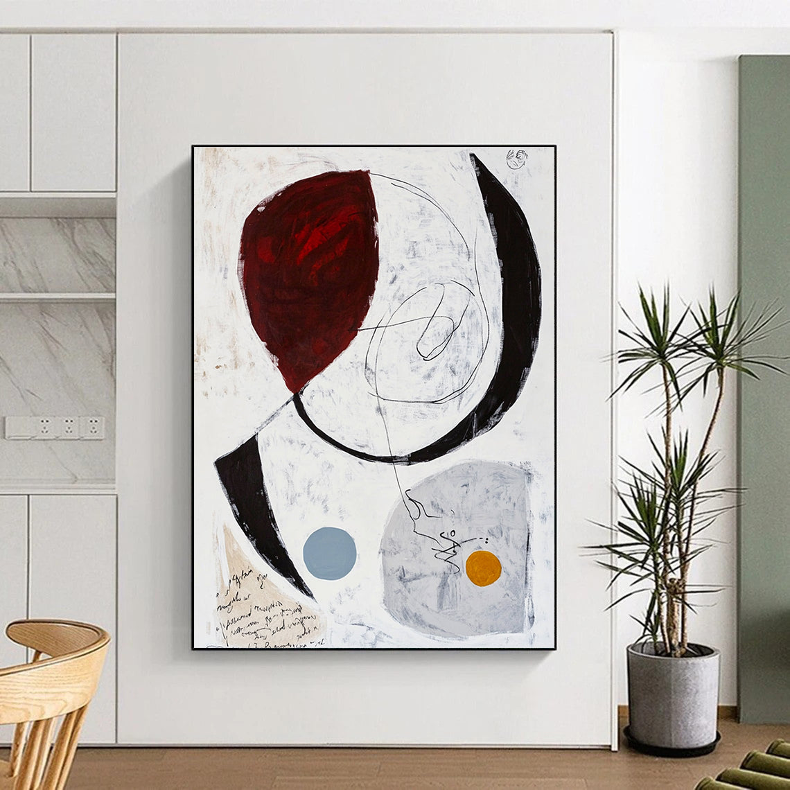 Large abstract painting featuring white grey and red tones with black lines and brown ink scribbles on paper.STSC829
