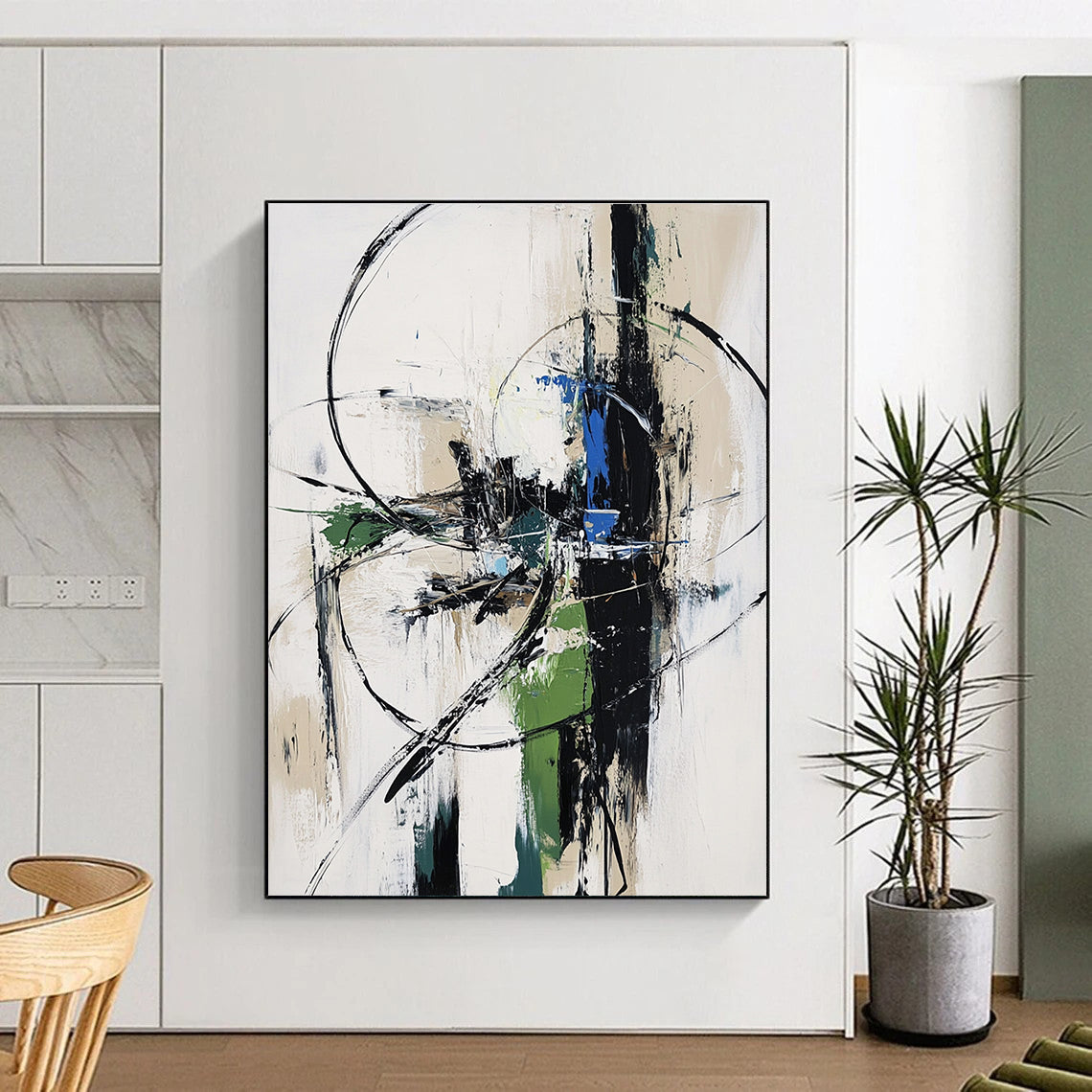 Large abstract painting in white gray and blue tones with a futuristic machine in an urban landscape conveying movement and speed.STSC827