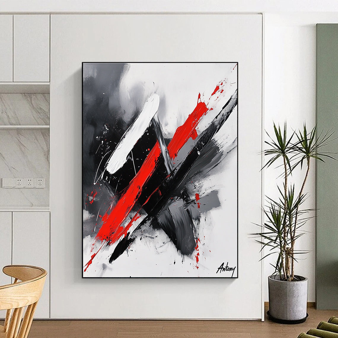 Dynamic Red Black and White Abstract Expressionist Painting GER245