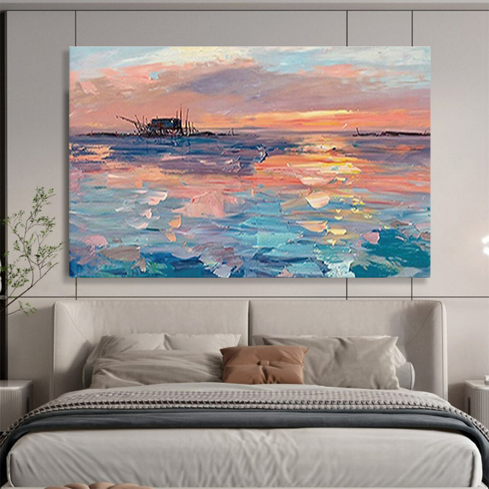 Sunset Fishing Village Abstract Painting with Pink, Orange, and Blue Tones THY205