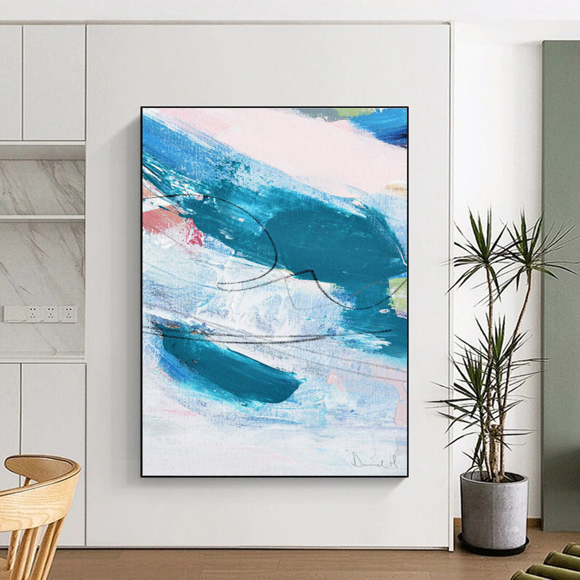 Dynamic Color Swirls in Teal and Pink Abstract Painting ADGE151