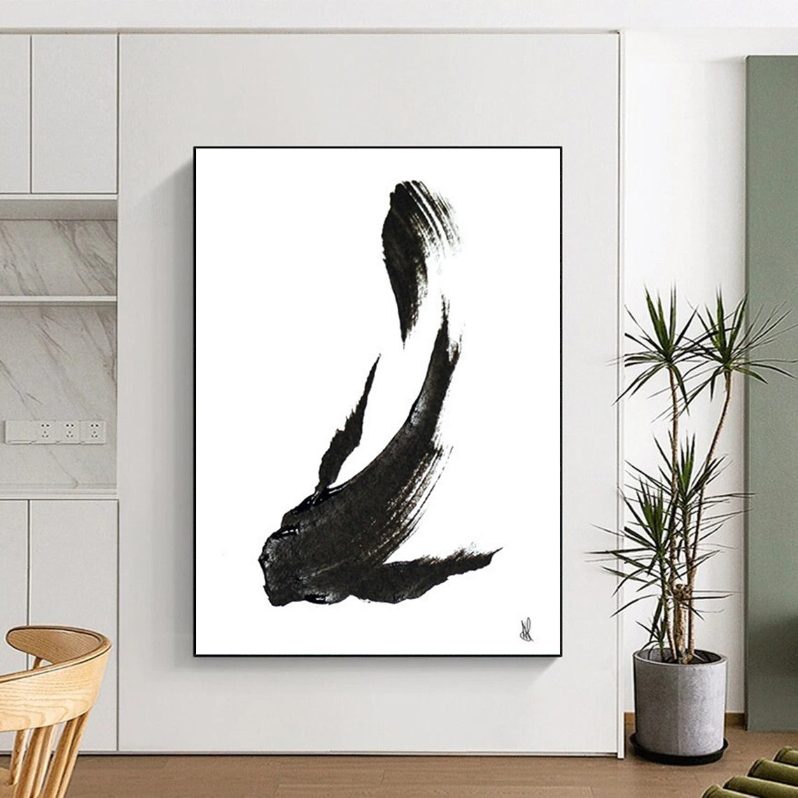 Black Ink Minimalist Fish Abstract Painting ADGE181