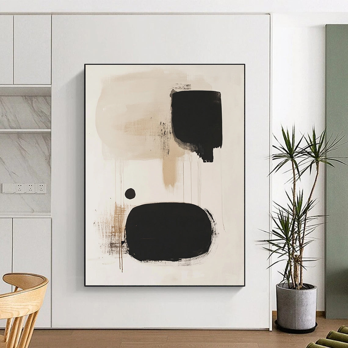 Black and Beige Drip Abstract Painting with Spontaneous Forms GER173