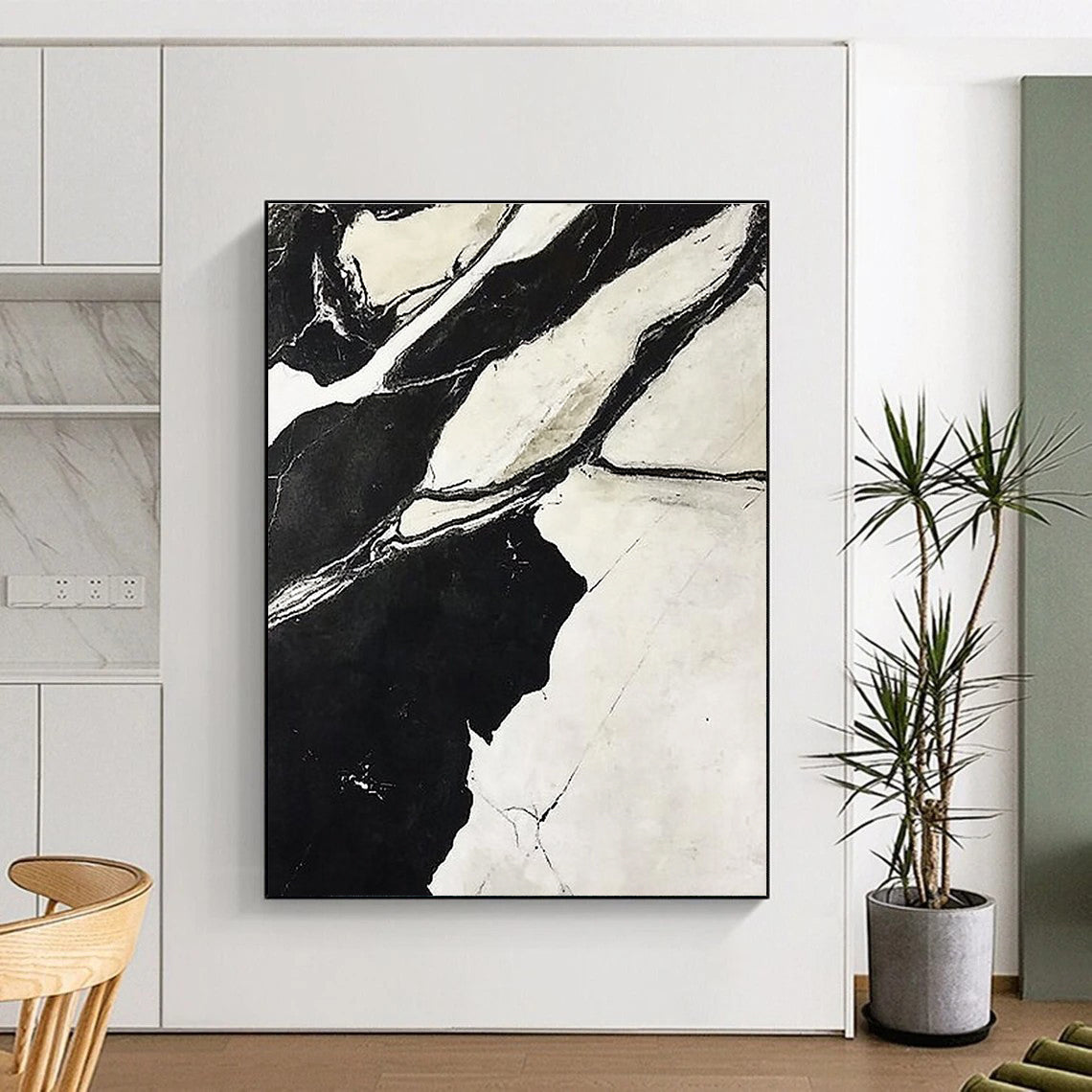 Black White Marble Abstract Painting with Intricate Veins GER744