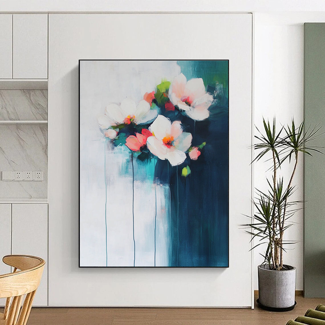 Large abstract painting of flowers in light blue and pink on a white background with dark teal brushstrokes creating an atmospheric effect.STSC679