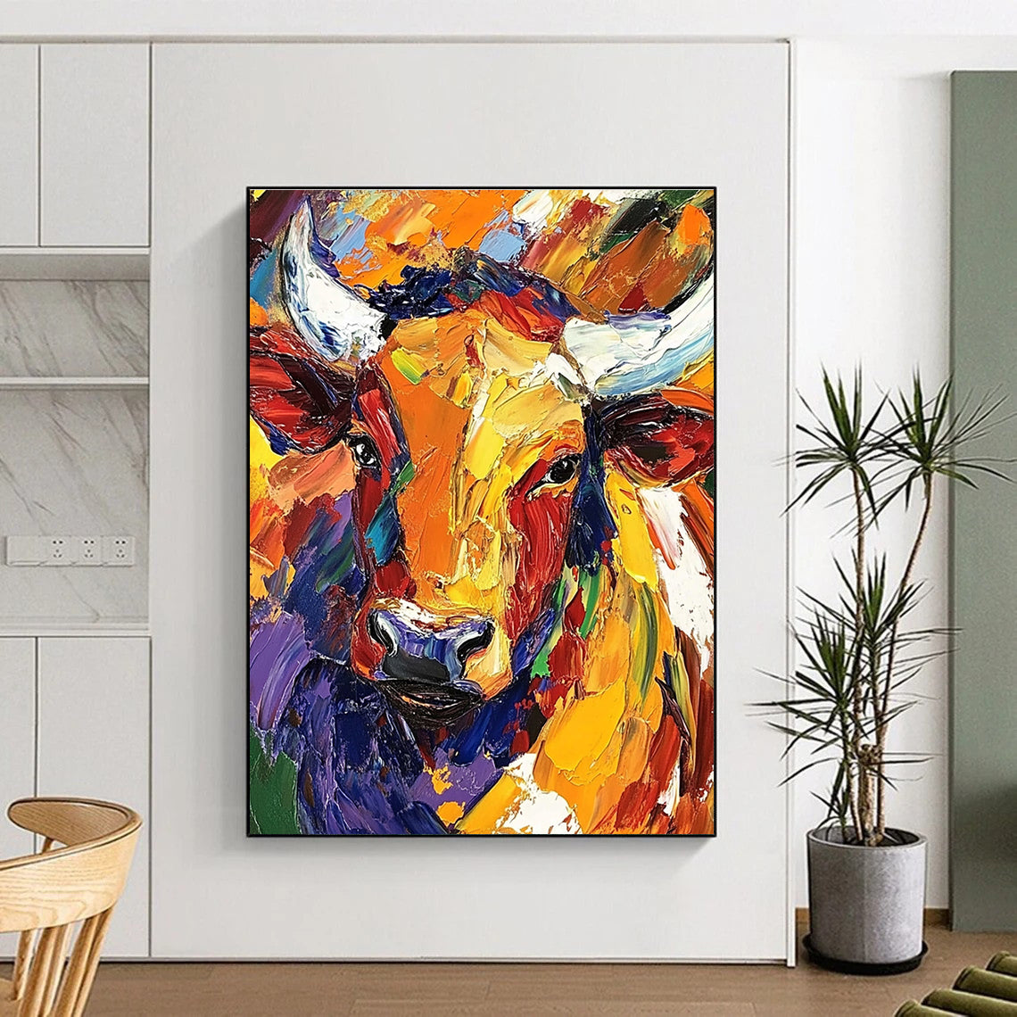 Large abstract oil painting of a colorful African bull with dynamic loose brush strokes showcasing vibrant artistry.STSC141