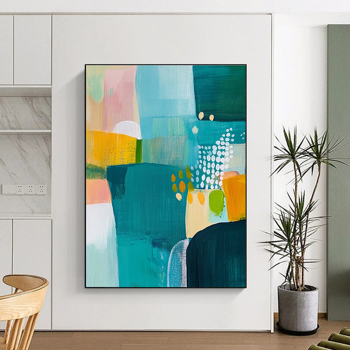Large abstract painting featuring a landscape in teal yellow and green complemented by white dots and bold expressive brush strokes.STSC608