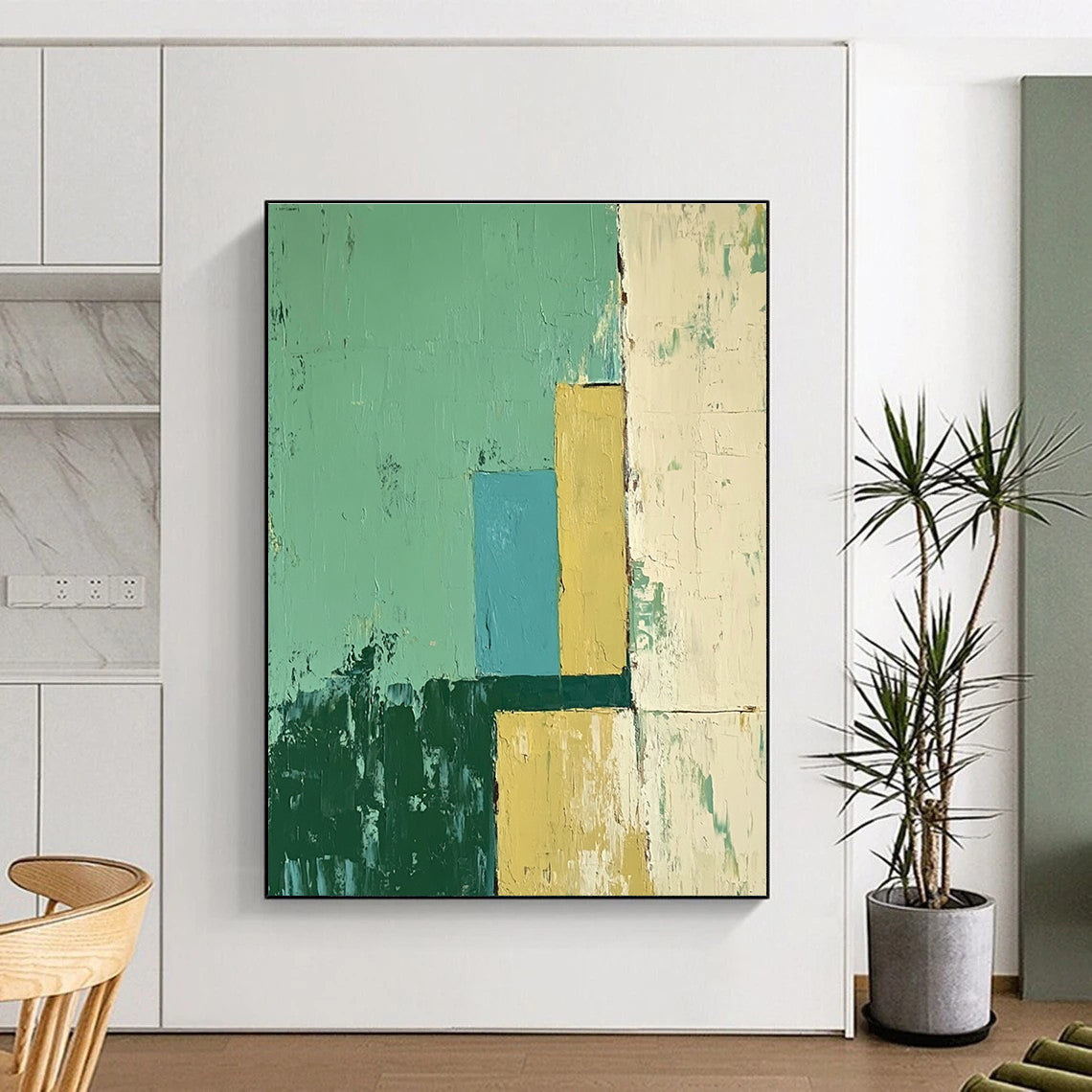 Large abstract oil painting featuring an architectural scene in green and yellow with blue accents, showcasing a minimalistic style.STSC144