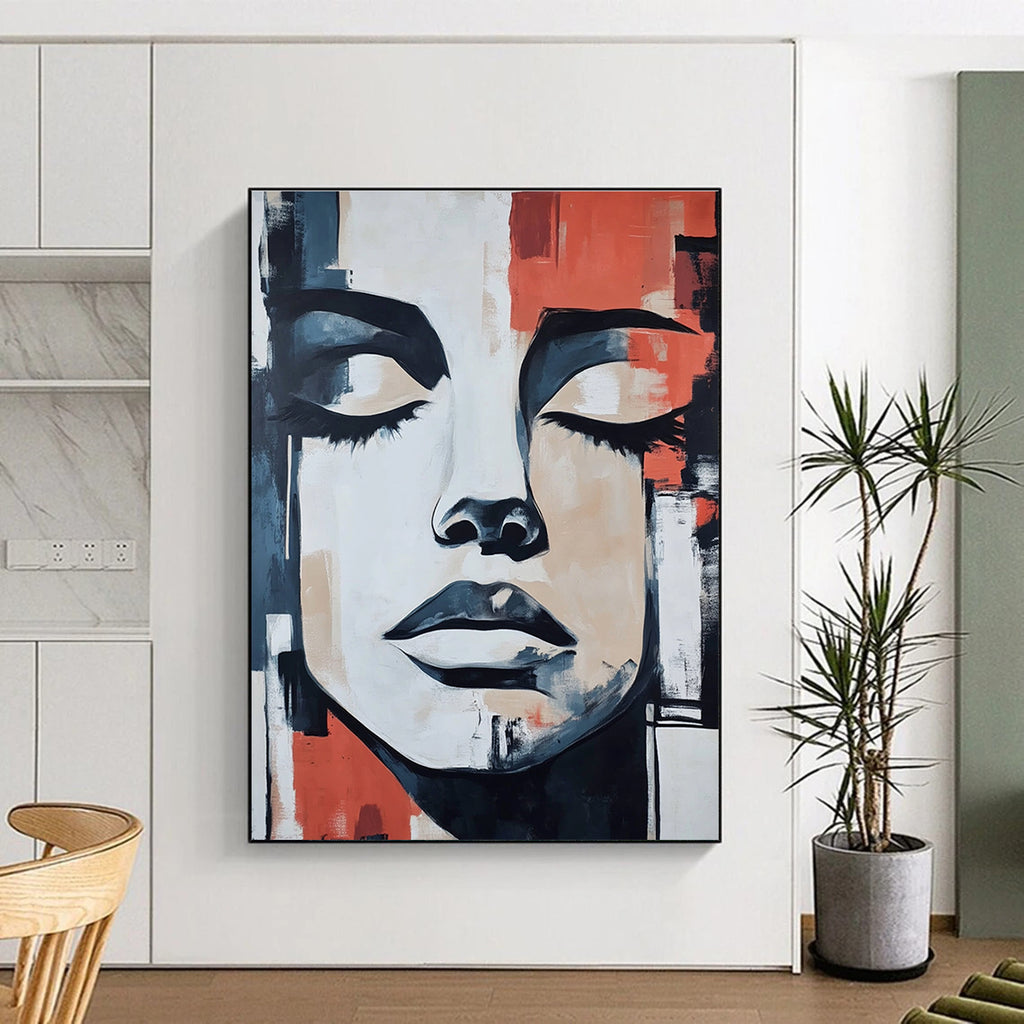 Large abstract painting featuring a masked face with closed eyes against urban shapes in gray beige black blue red and orange in oil on paper.STSC991