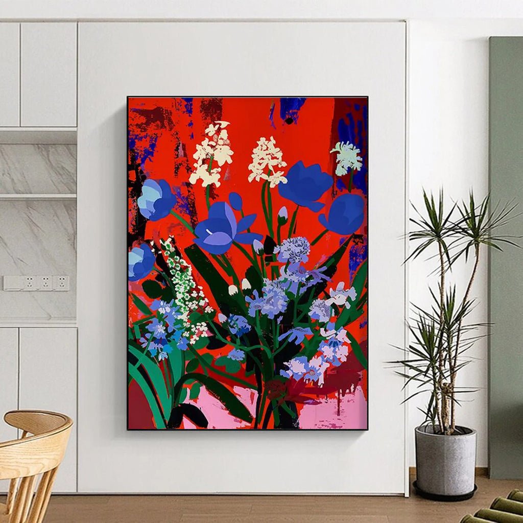 Blue and White Blooms on Red Abstract Flower Painting ADGE101