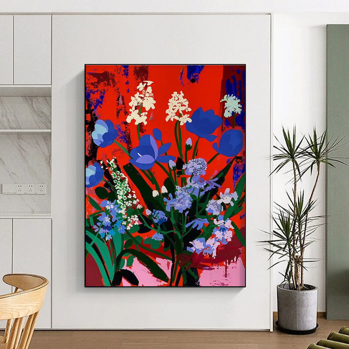 Blue and White Blooms on Red Abstract Flower Painting ADGE101