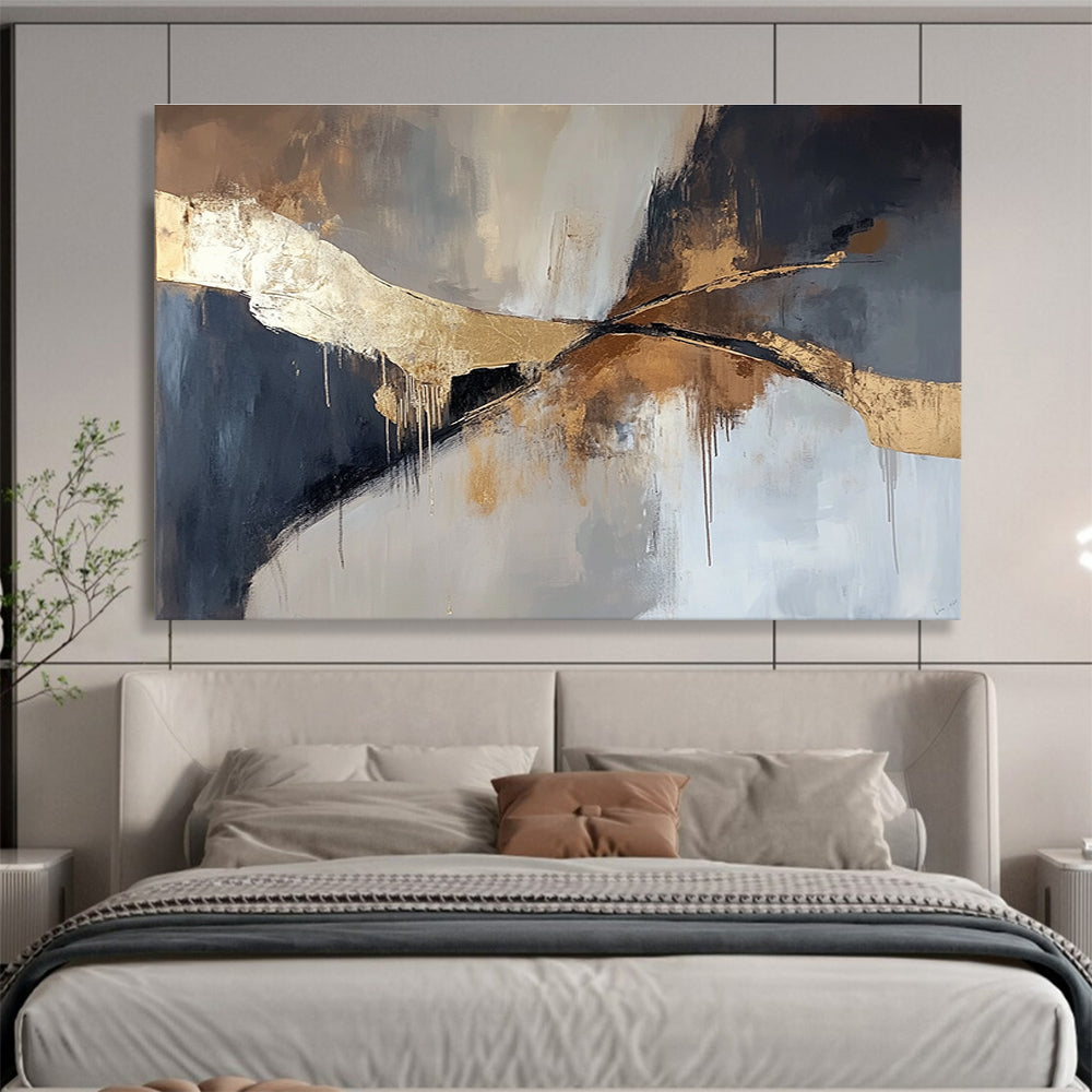 An abstract painting in muted browns and greys with elegant gold accents, featuring a striking minimalistic design perfect for modern aesthetics.SC327