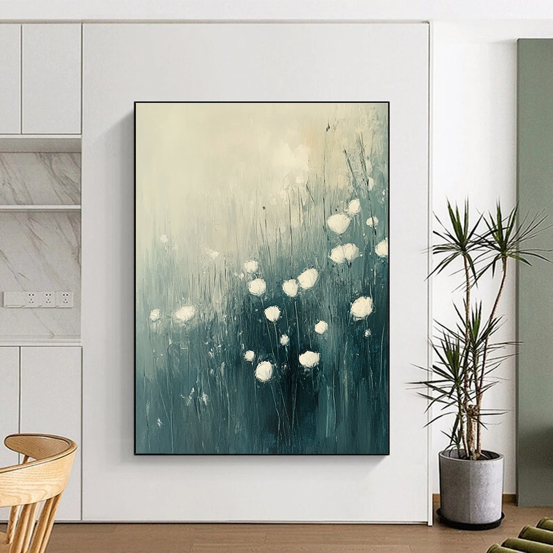 Large abstract oil painting of flowers in grass featuring white and light blue tones with muted colors, perfect for enhancing any space.STSC184