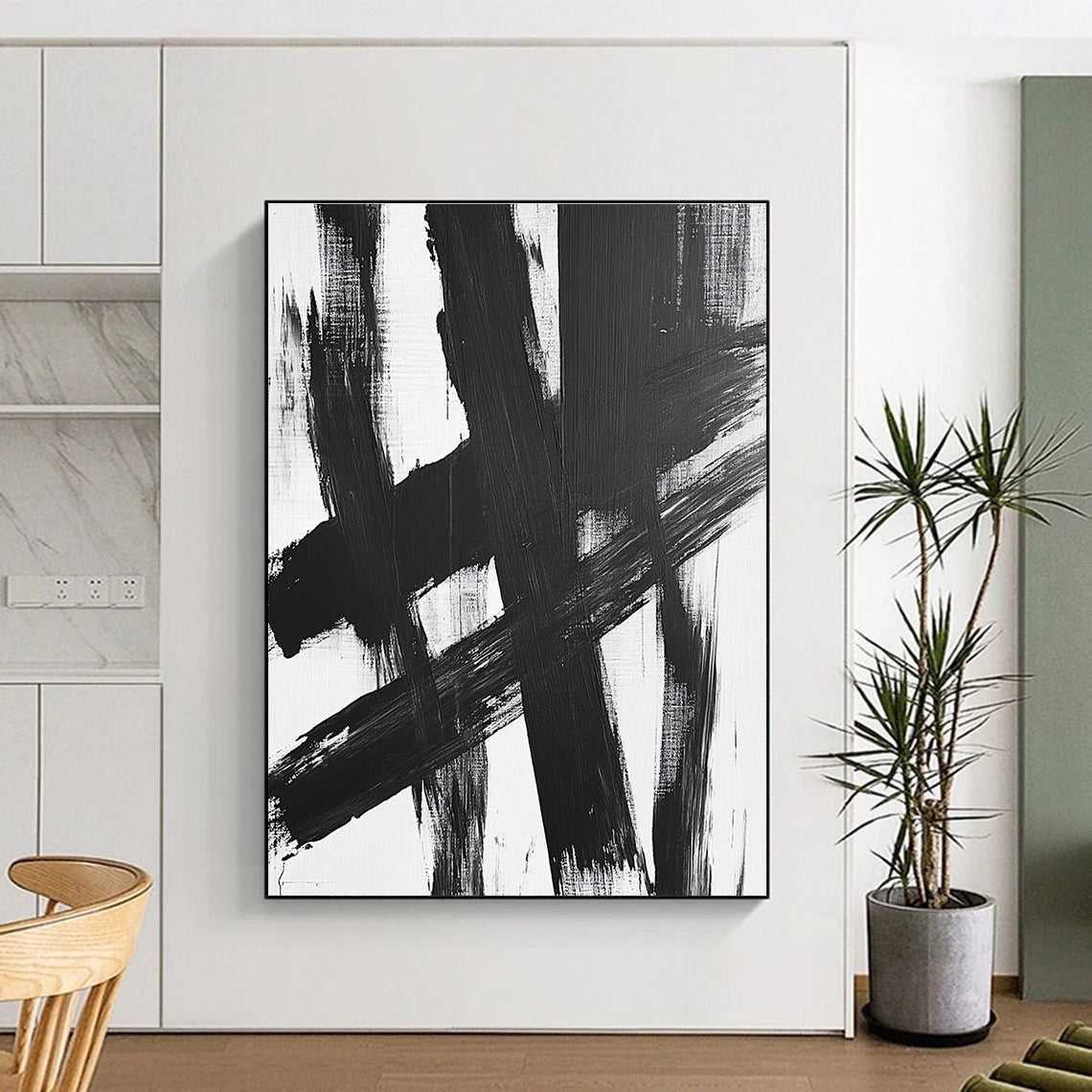 Black White Crossed Strokes Abstract Painting GER826