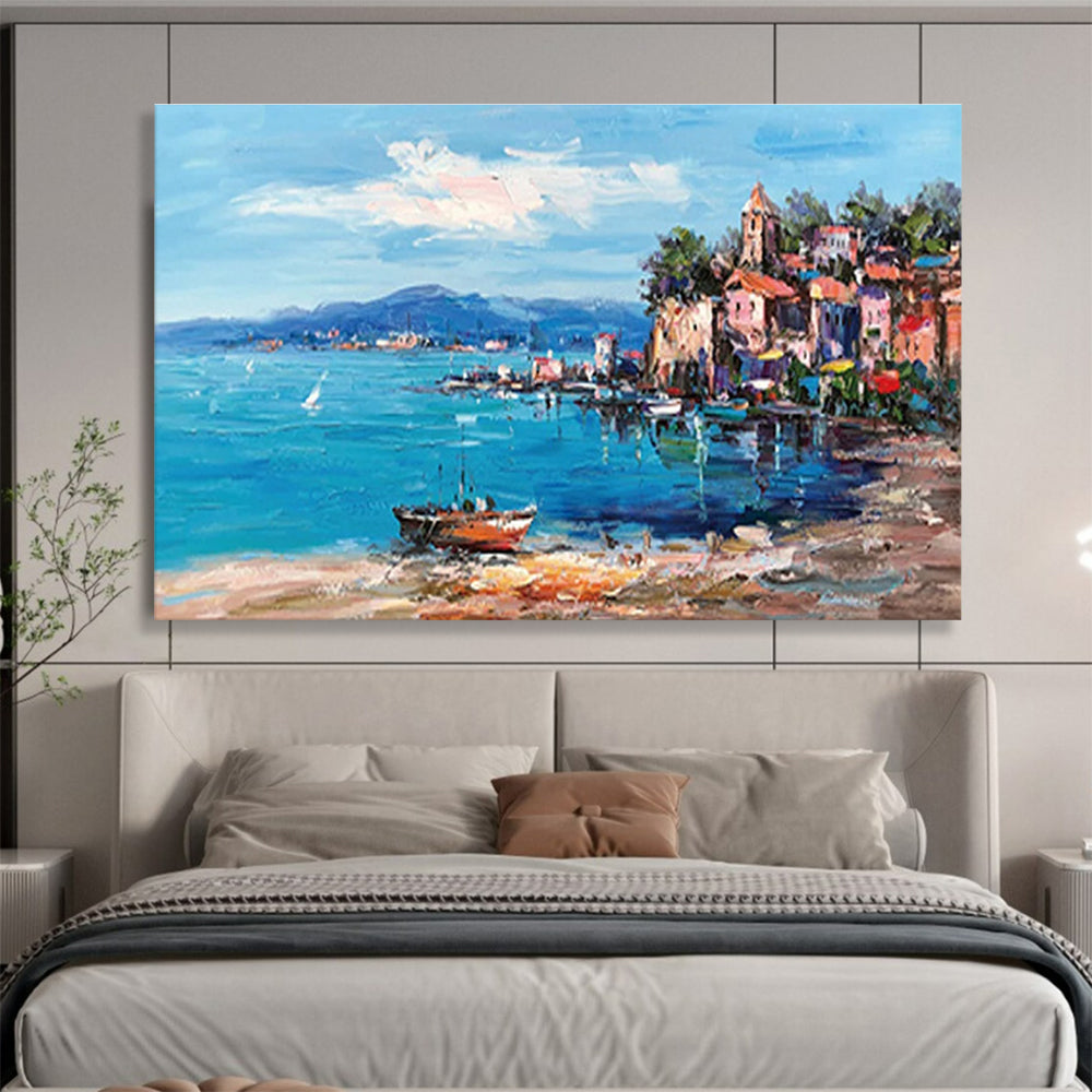 Coastal Town Abstract Painting with Blue, Pink, and Orange Tones THY230