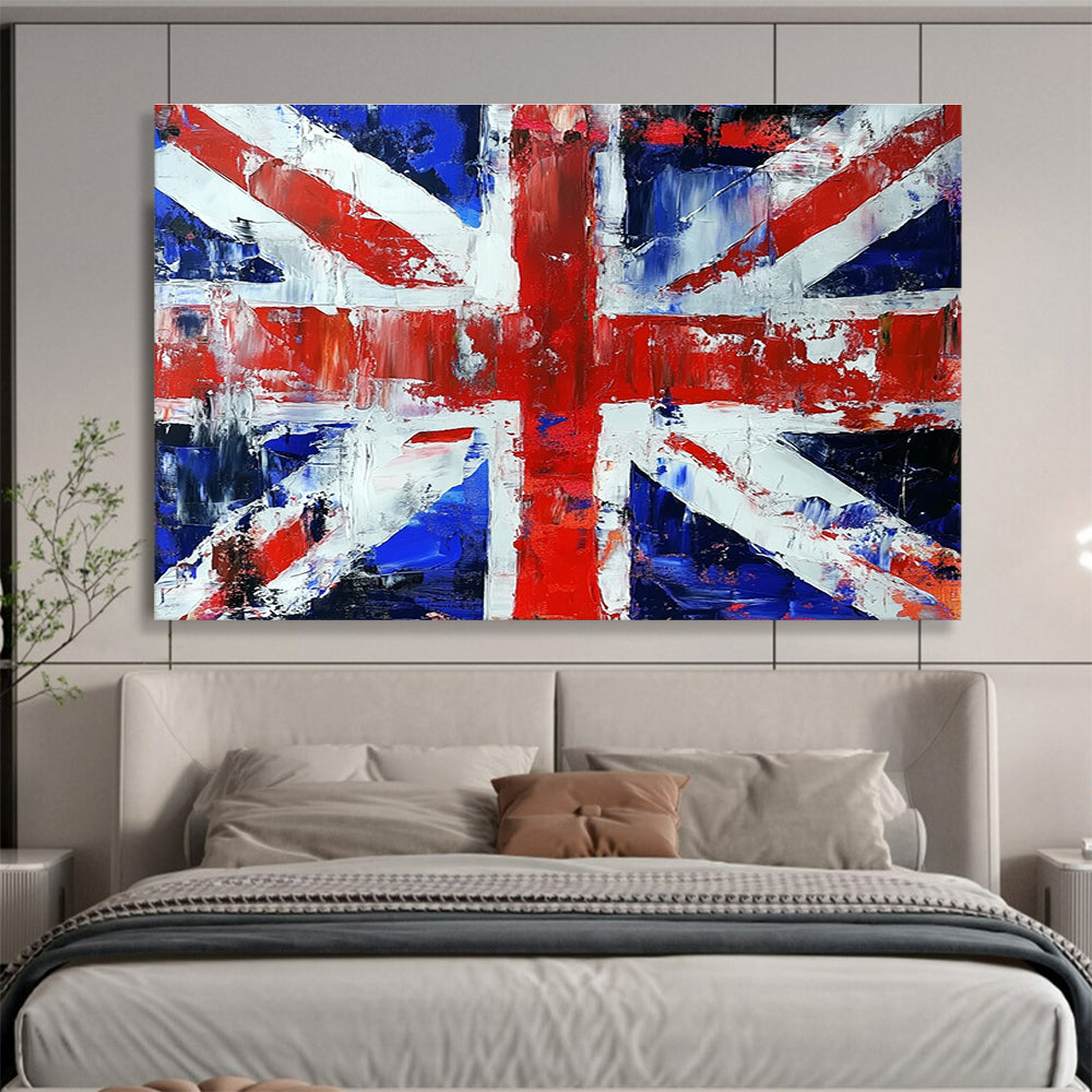Large abstract painting of the British flag featuring a vibrant palette knife technique for a striking visual impact.SC200