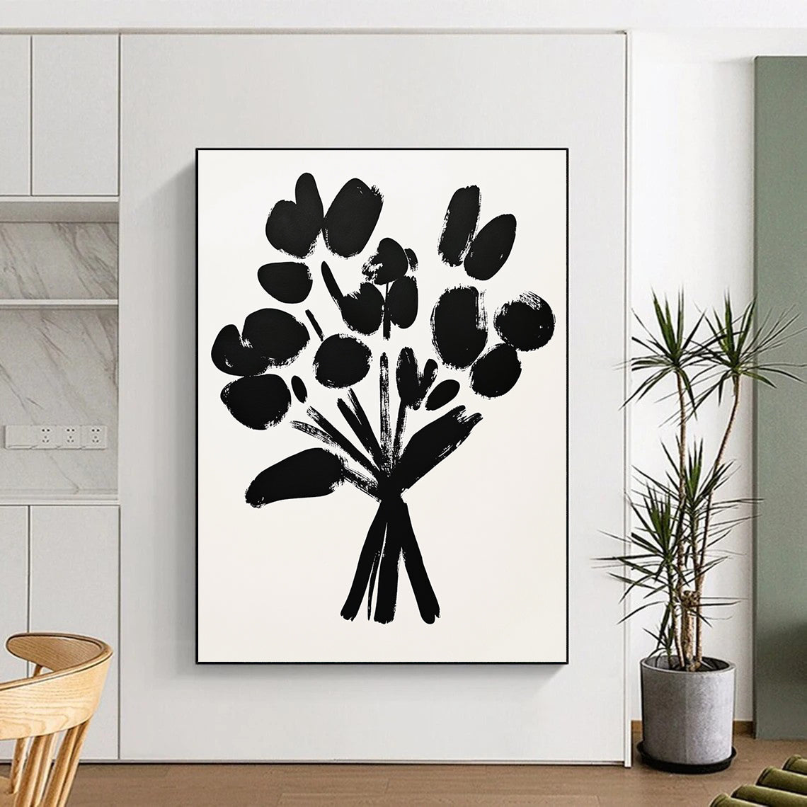 A large abstract painting featuring a bouquet of flowers with black brush strokes on white paper in a simple and minimalistic drawing style.STSC924