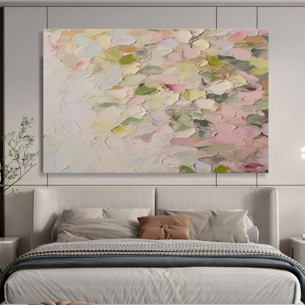 Pastel Petal Abstract Painting with Pink, Green, and Yellow Tones THY177