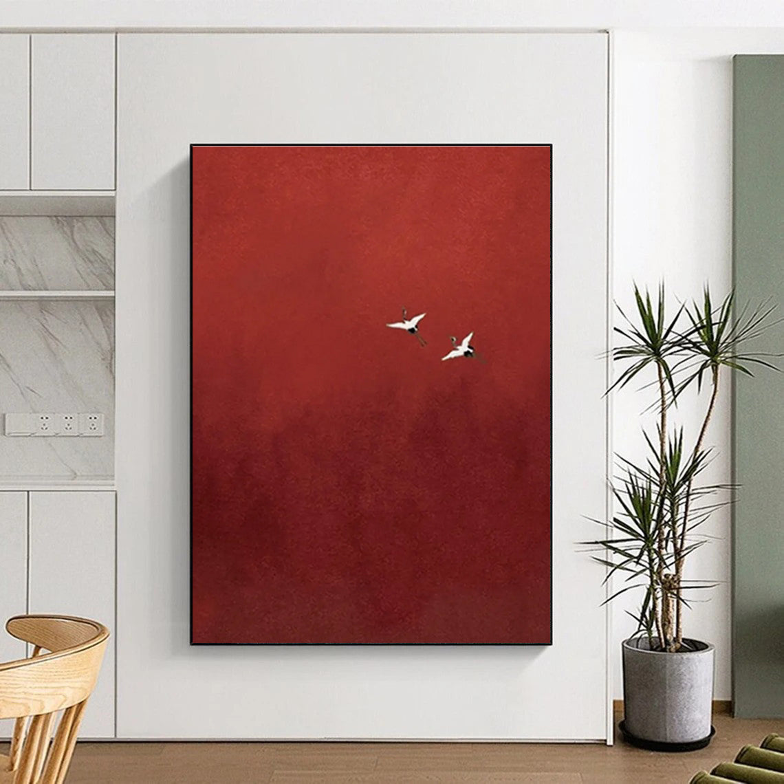 Cranes in Red Sky Abstract Painting with Contrasting Elements ADGE482