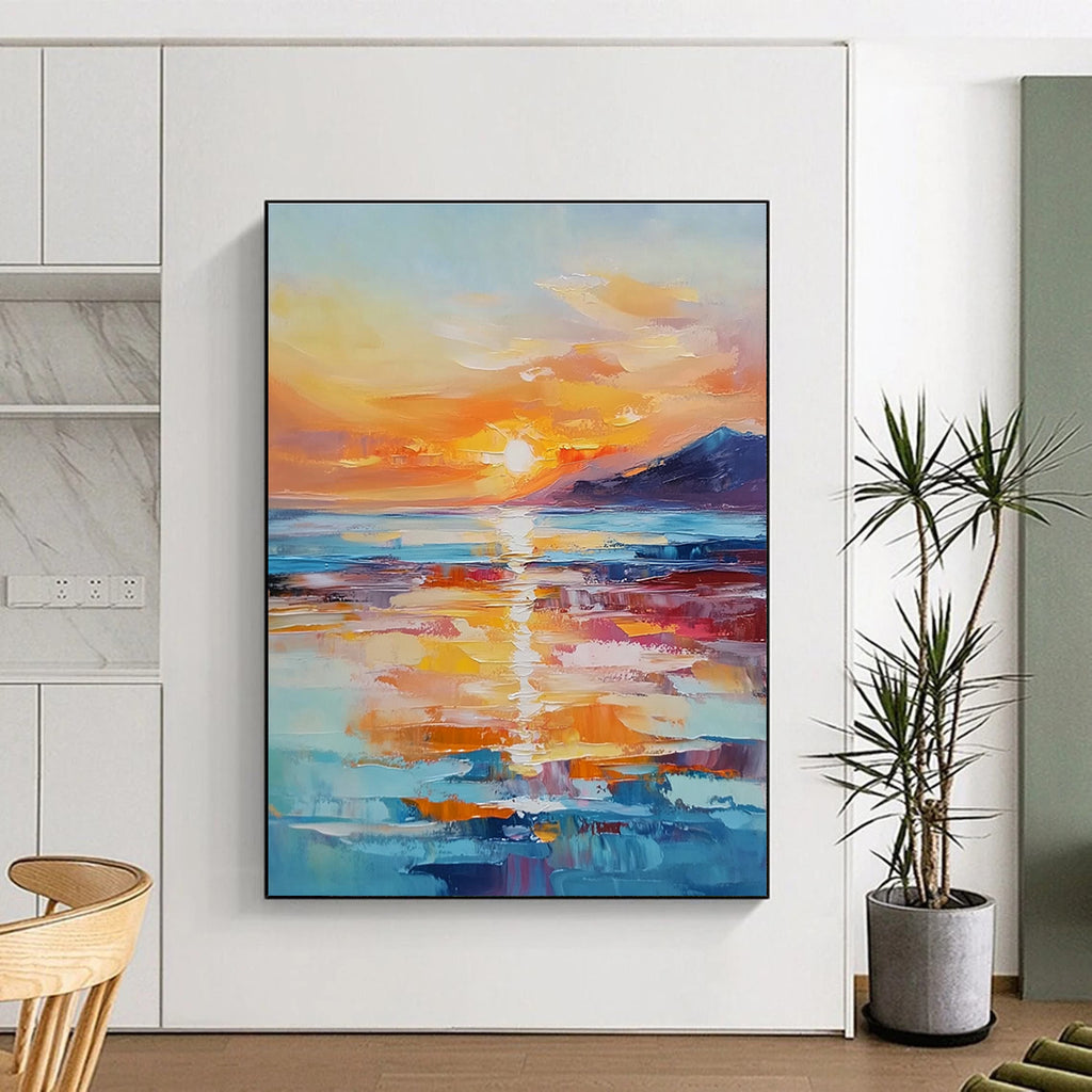 Large abstract painting of a sunset over the ocean with warm hues reflecting on the water and distant islands enhancing tranquility.STSC894
