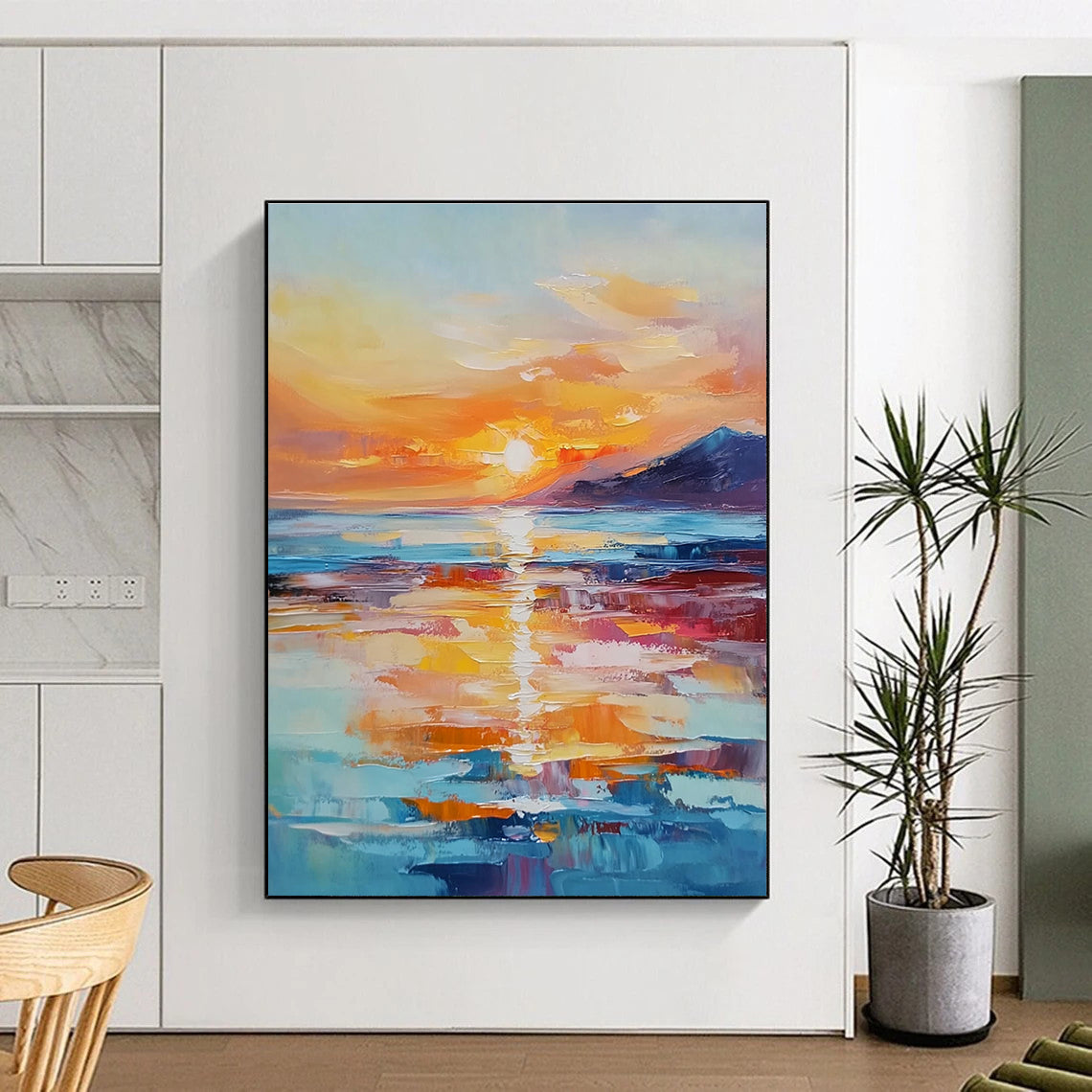 Large abstract painting of a sunset over the ocean with warm hues reflecting on the water and distant islands enhancing tranquility.STSC894
