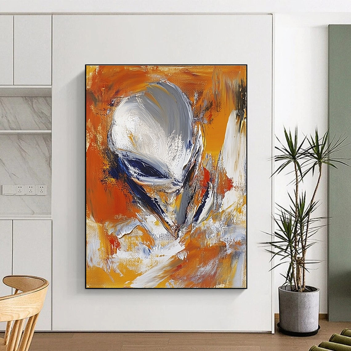 Large abstract painting in the style of James Britton featuring an alien figure in orange and white with blurred brush strokes.STSC626