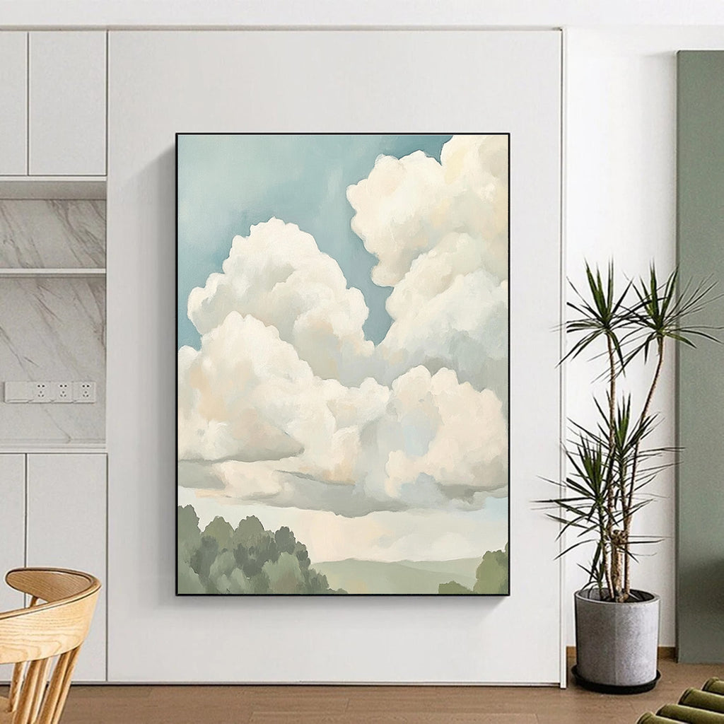 Large abstract painting featuring soft clouds in muted colors and neutral tones, creating a calming and serene atmosphere.STSC1395