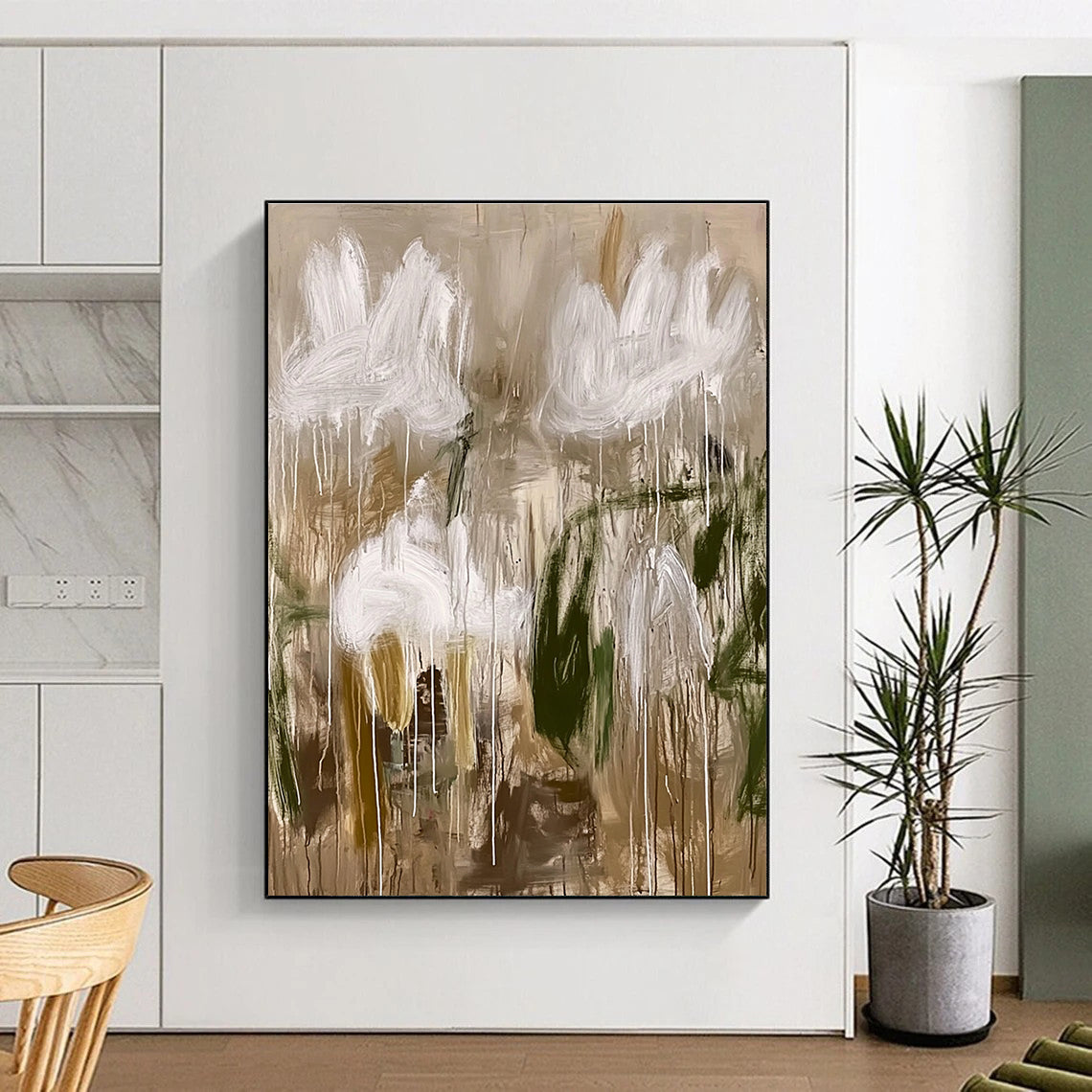 Abstract White Flowers Painting with Earthy Tones GER623