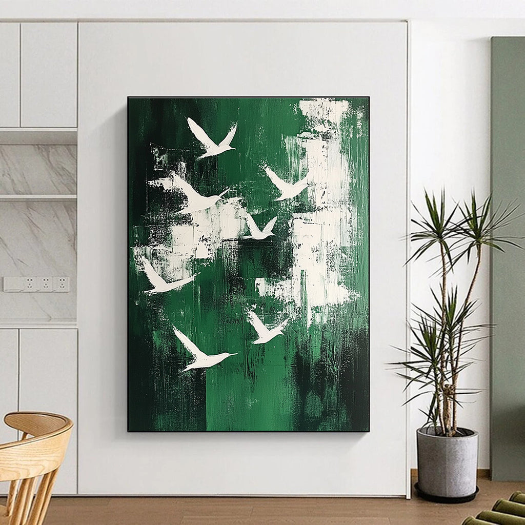 Large abstract painting featuring white birds soaring above an emerald green landscape in a minimalistic style.STSC363