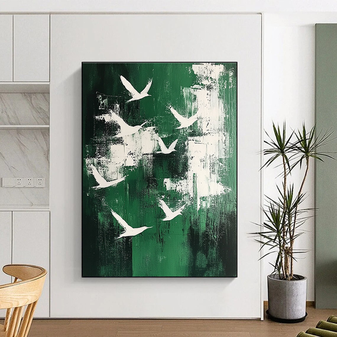 Large abstract painting featuring white birds soaring above an emerald green landscape in a minimalistic style.STSC363