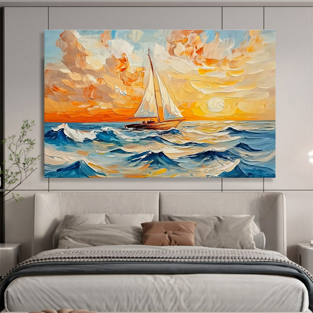 Sailboat Sunset Sea - Textured Seascape Abstract Painting DYP011
