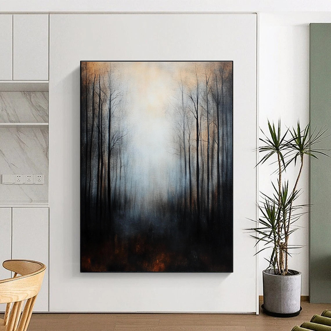 Large abstract painting depicting misty forest trees in dark tones with a surreal ambiance and intricate details for a moody atmospheric effect.STSC061