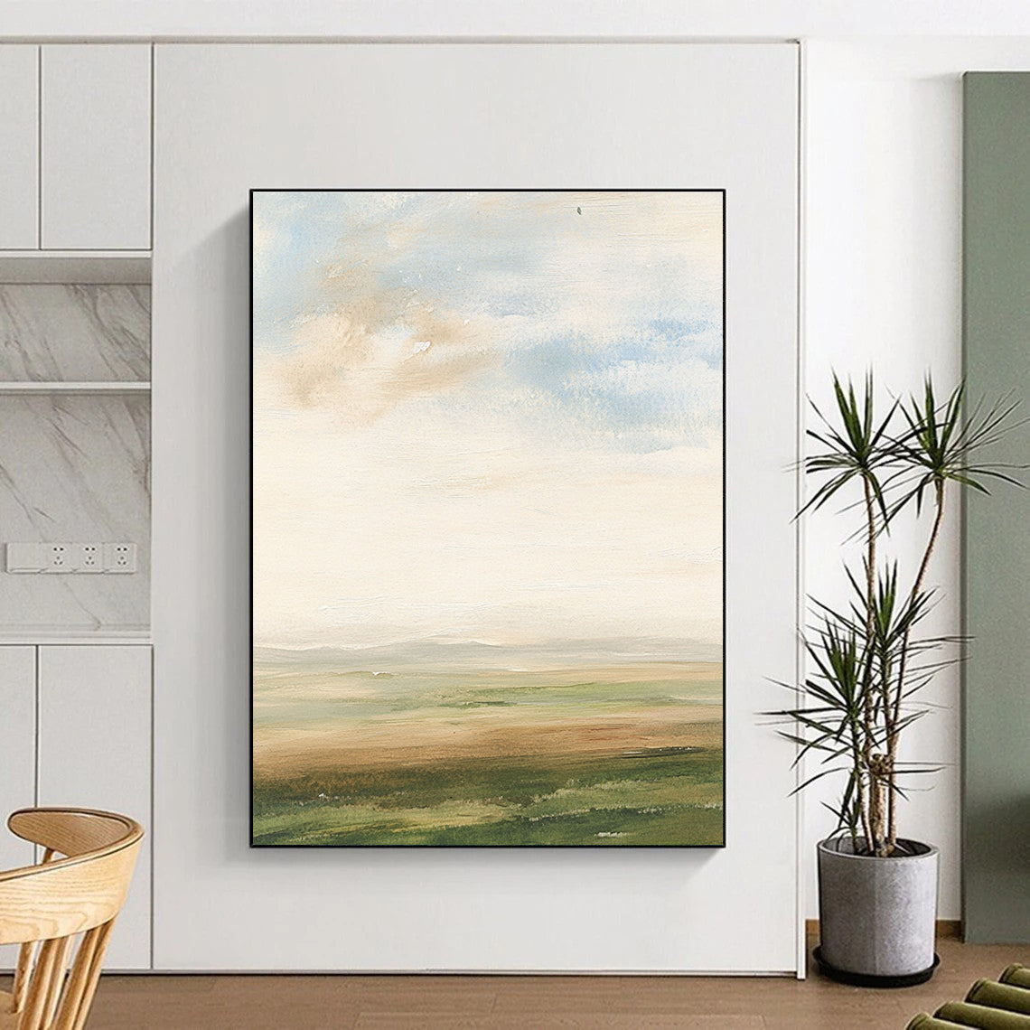 Abstract watercolor painting of an English landscape featuring soft clouds grassy fields muted colors and impressionist brush strokes.STSC497