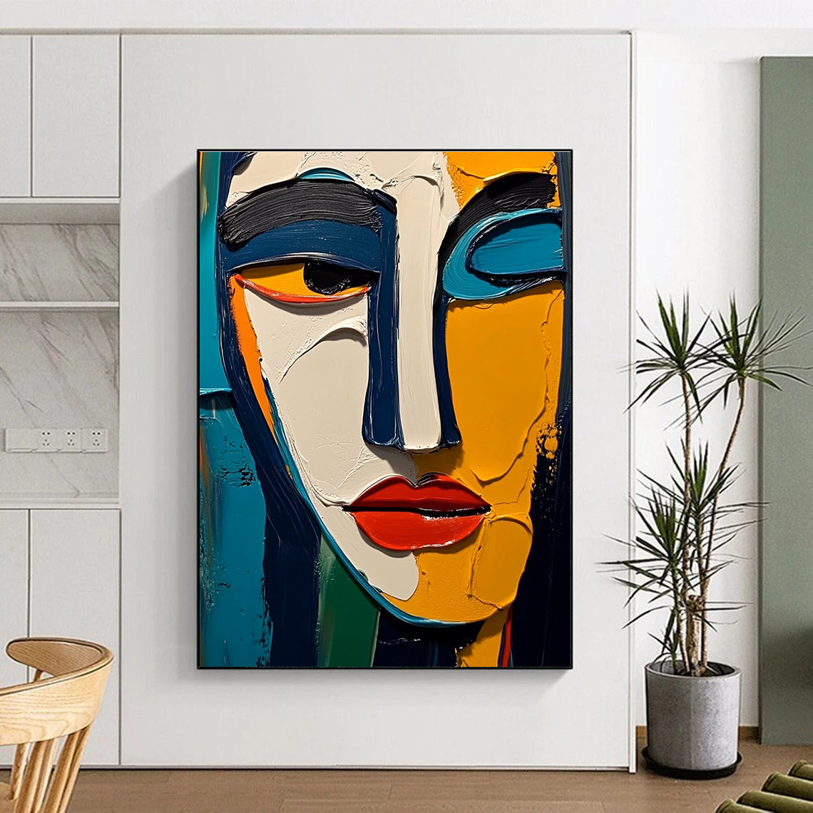 Large abstract painting featuring thick impasto texture with vibrant colors blue yellow white black red orange and green inspired by Picasso and Matisse.STSC557