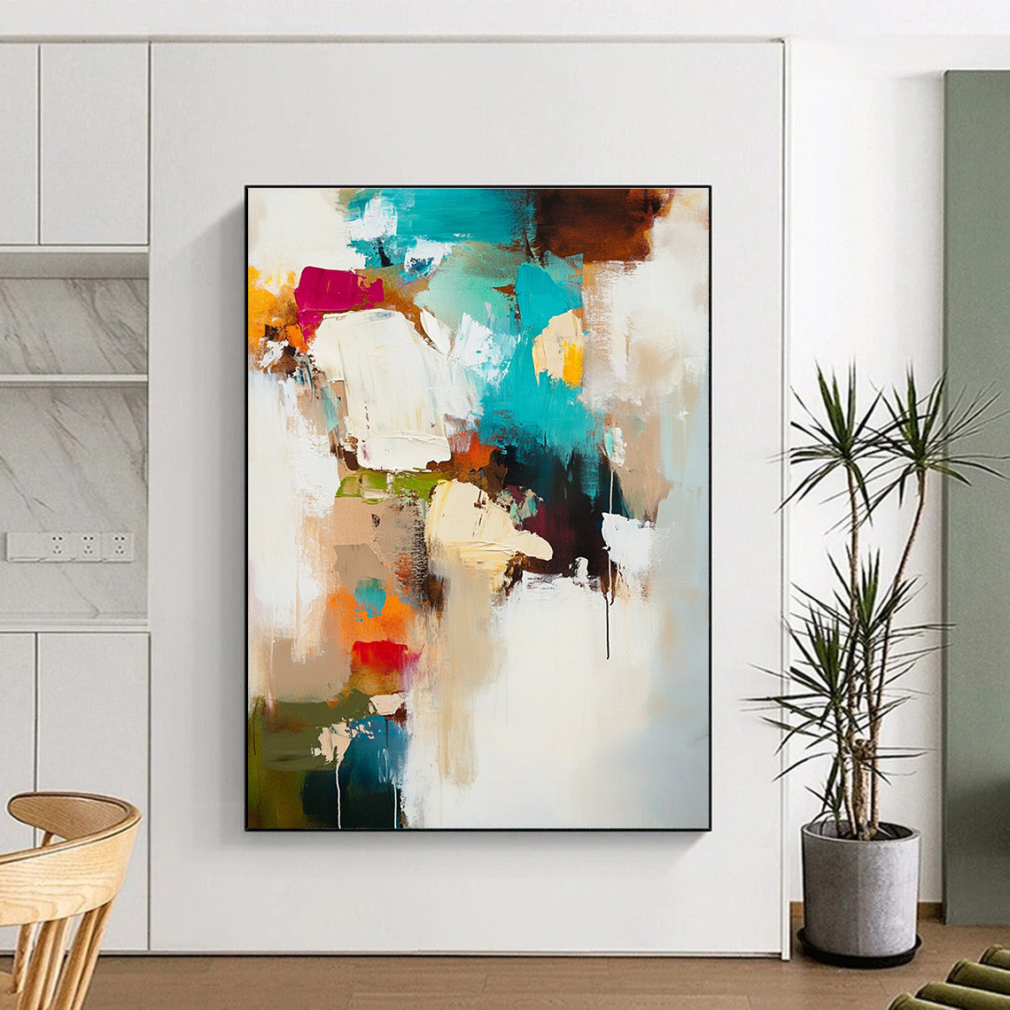 Large abstract painting in soft white and beige tones accented with teal brown and warm colors creating a moody dreamy atmosphere.STSC812