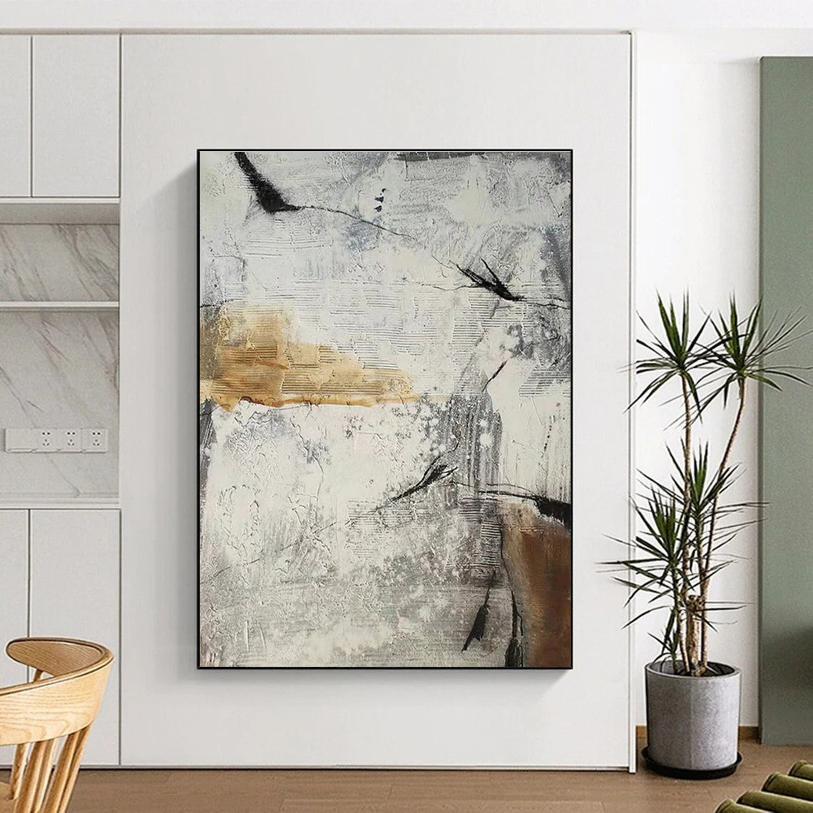 Gray and White Geometric Abstract Painting with Textured Layers ADGE338