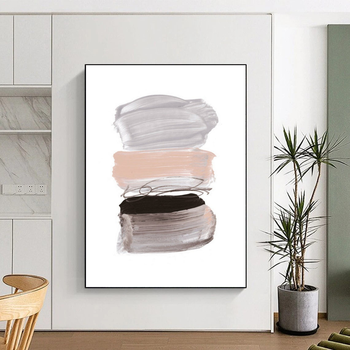 Stacked Brushstrokes in Neutral and Black Abstract Painting ADGE184