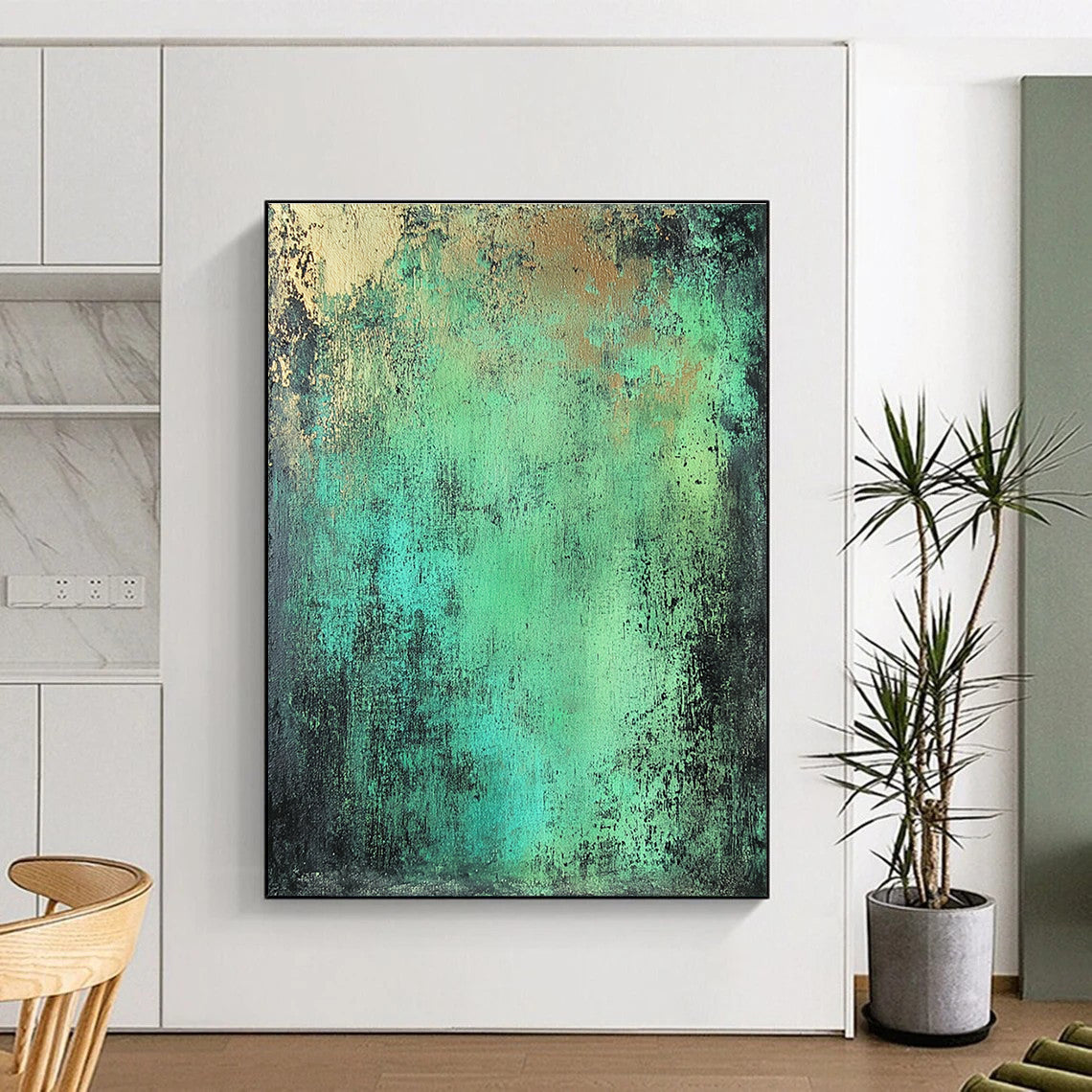 Green Blue and Gold Abstract Painting with Rustic Textures GER039