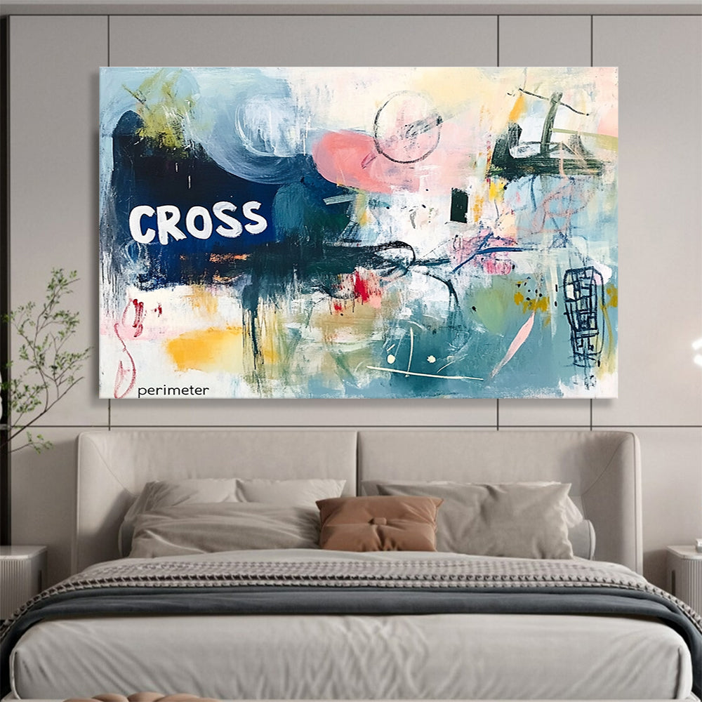 A large abstract painting featuring chaotic harmony in soft pinks blues and greens with textured layers and the text CROSS perimeter.SC307