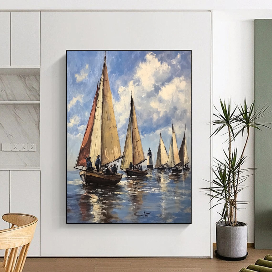 Abstract painting depicting sailboats on water under a light blue sky with clouds inspired by 20th-century French artists.STSC1134