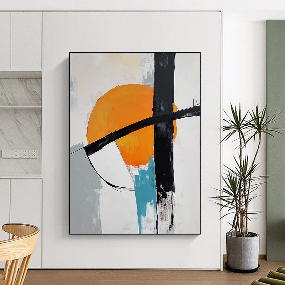 Orange Black and White Abstract Painting with Circular Motifs GER697