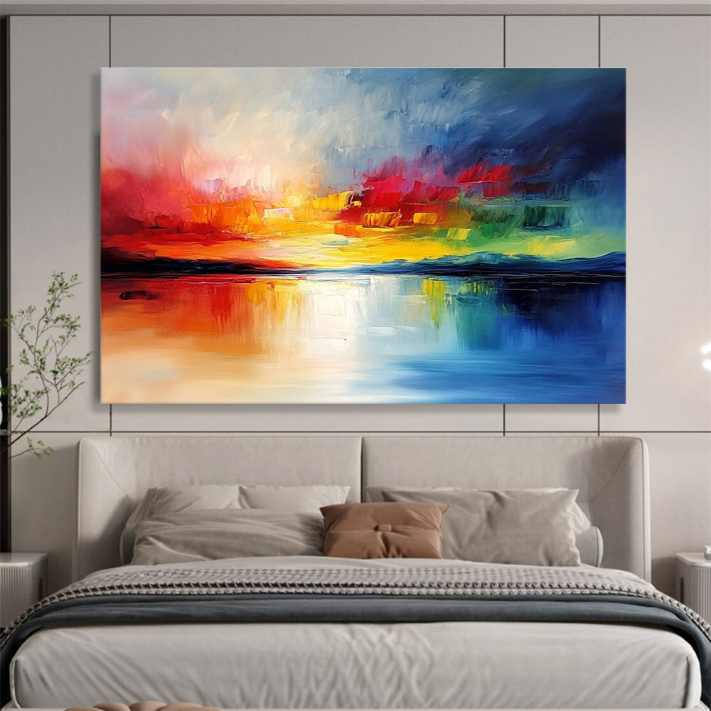 Large abstract painting featuring vibrant clouds and reflective water in rich colors creating a stunning visual impact through heavy texture and bold brushstrokes.SC076