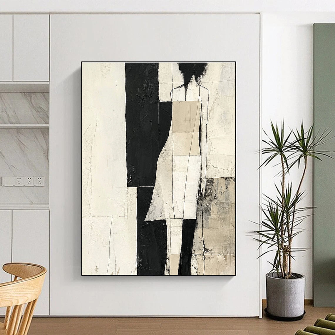 Large abstract painting in black and white with gray and beige strips against a soft cream background inspired by various artistic styles.STSC674