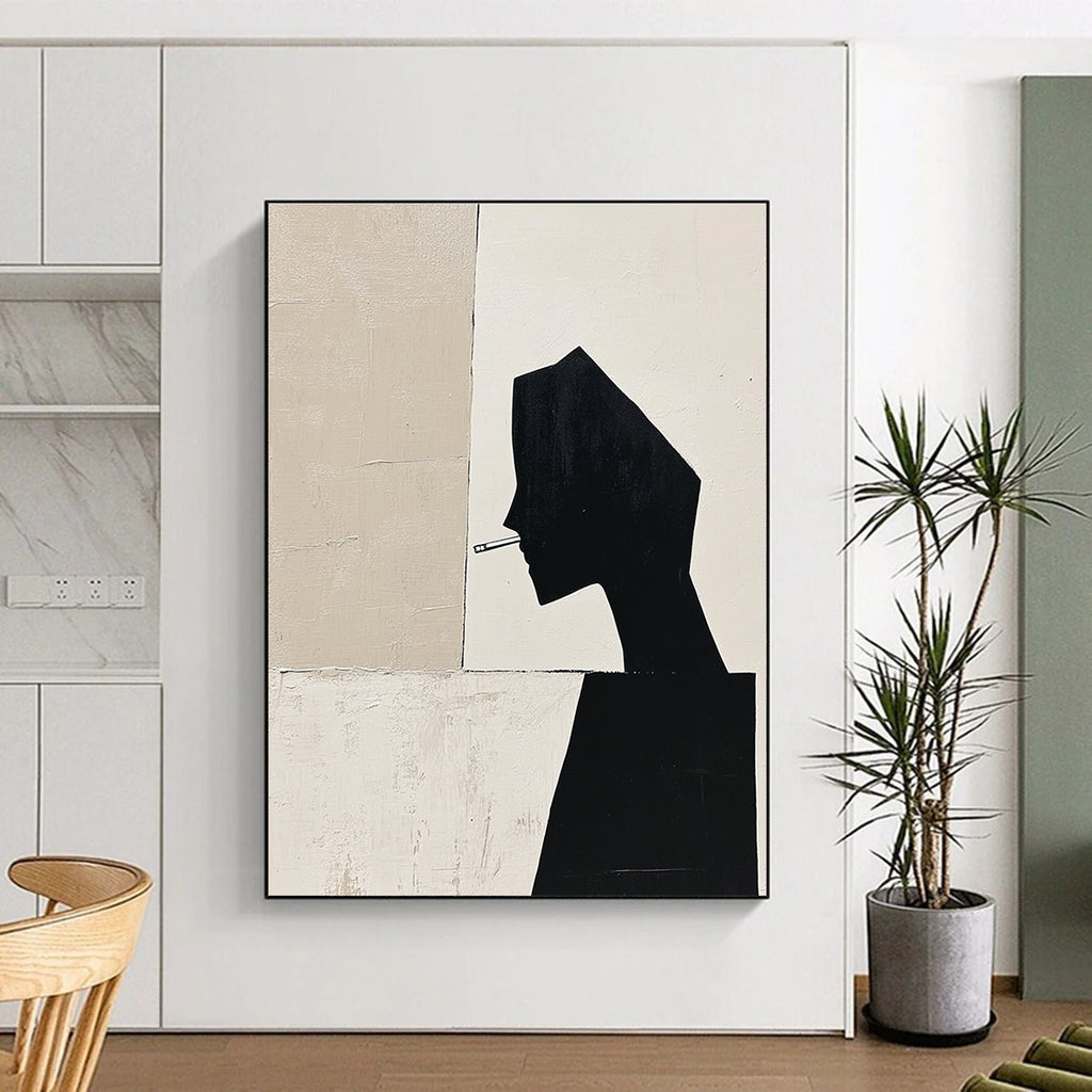 Large abstract painting featuring a black silhouette of a woman's body in profile with geometric shapes and minimalistic deconstructed tailoring in a monochromatic palette.STSC1486